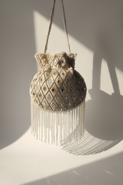 ✨ White Mirror Embroidered Potli Bag with Beaded Fringe