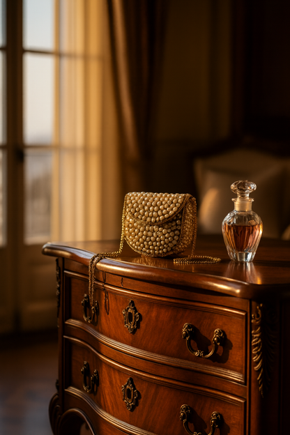 🤍 Pearl Beaded Mini Clutch with Golden Chain Strap