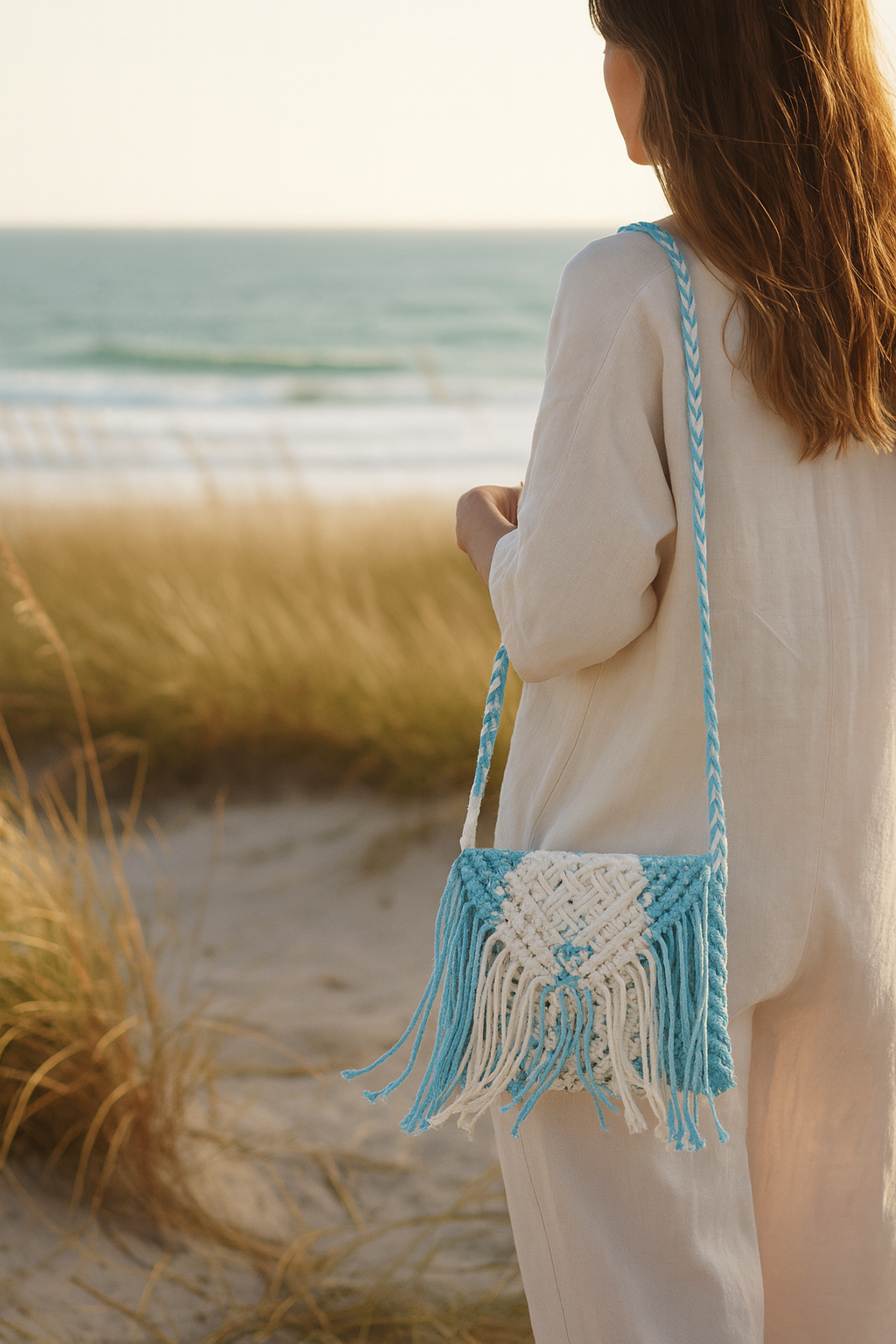 Boho Macramé Crossbody Bag – Aqua & Ivory (Medium)
