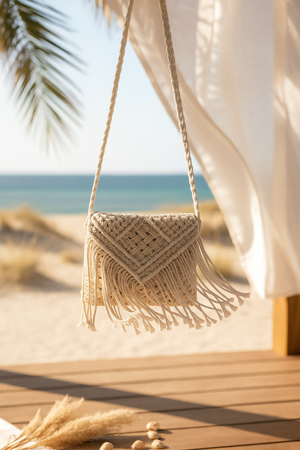 Natural Boho Macramé Crossbody Bag – Ivory Edition