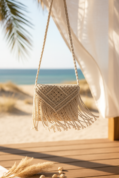 Natural Boho Macramé Crossbody Bag – Ivory Edition