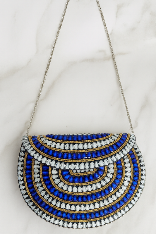 Blue & Silver Mosaic Clutch – Handcrafted Statement Art Piece