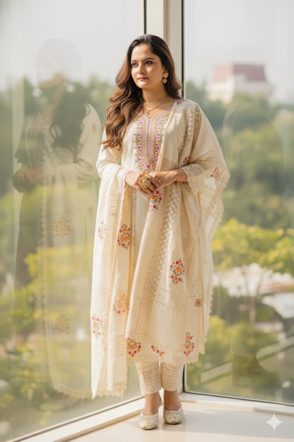 Pure Cotton White Floral Embroidered Suit Set