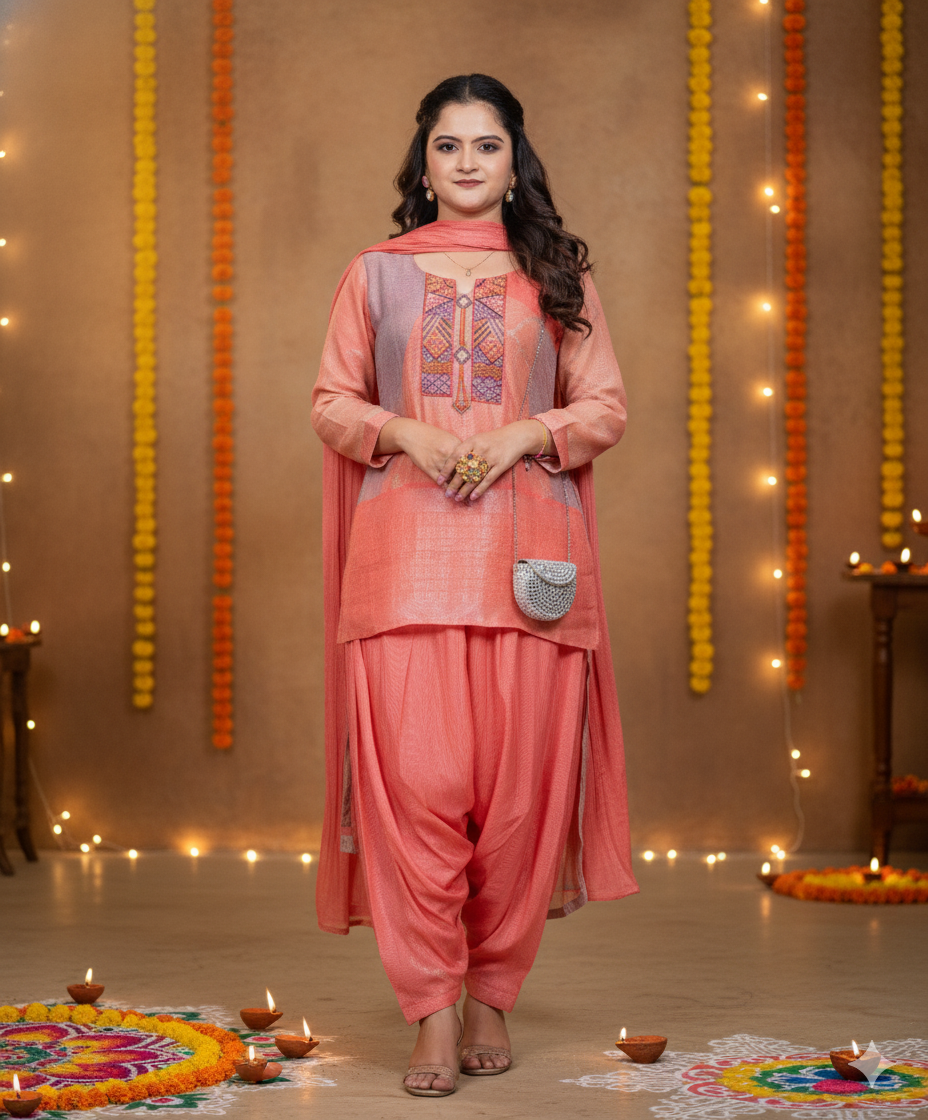 High-Low Kurta with Harem pants festive suit - Peach