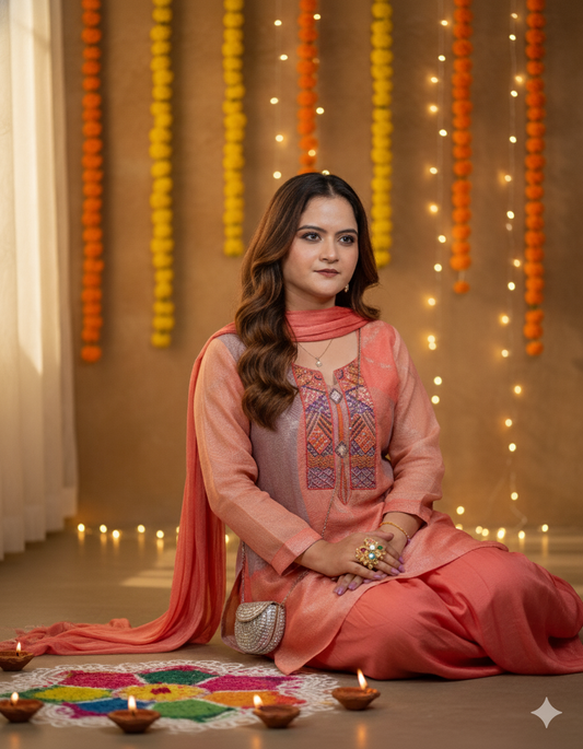 High-Low Kurta with Harem pants festive suit - Peach