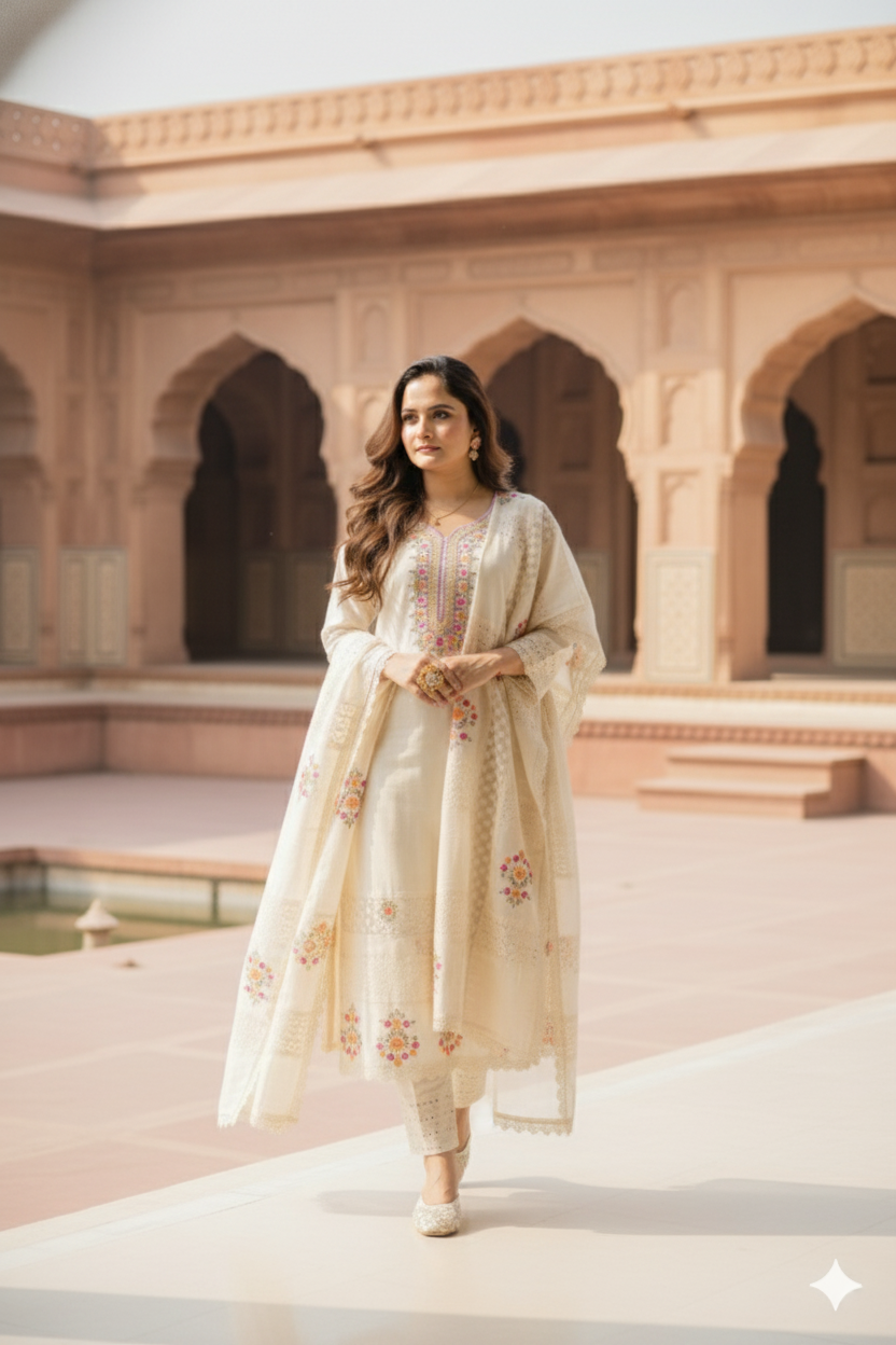 Pure Cotton White Floral Embroidered Suit Set