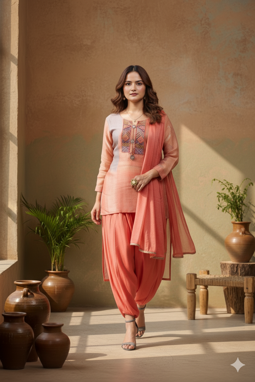 High-Low Kurta with Harem pants festive suit - Peach