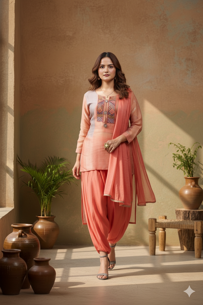 High-Low Kurta with Harem pants festive suit - Peach