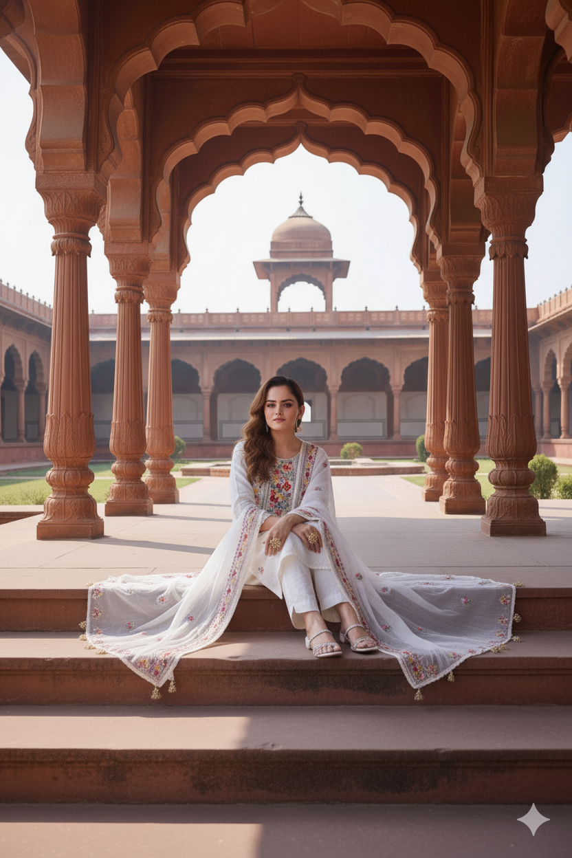 White Silk Embroidered Suit with Cotton Embroidered Dupatta
