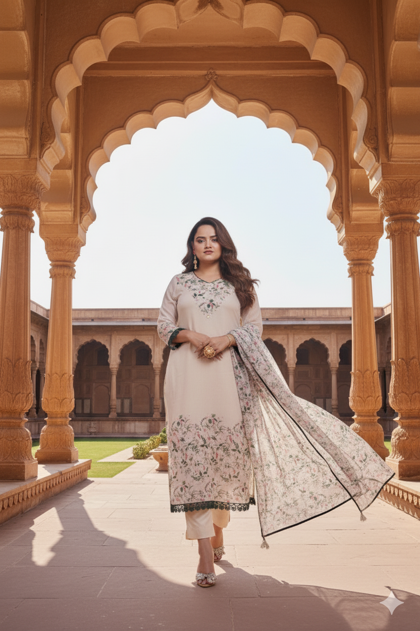 Green Floral Design Kurta Set with Dupatta