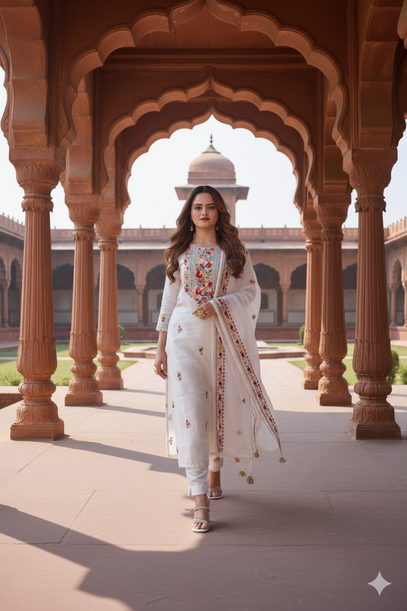 White Silk Embroidered Suit with Cotton Embroidered Dupatta