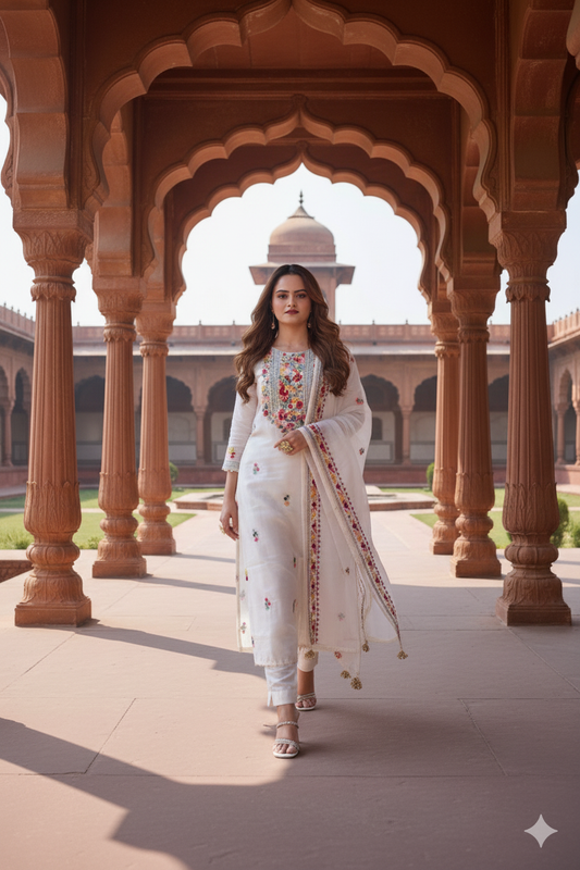 White Silk Embroidered Suit with Cotton Embroidered Dupatta