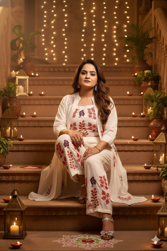 ✨ White 3-Piece Embroidered Festive Co-ord Set ✨