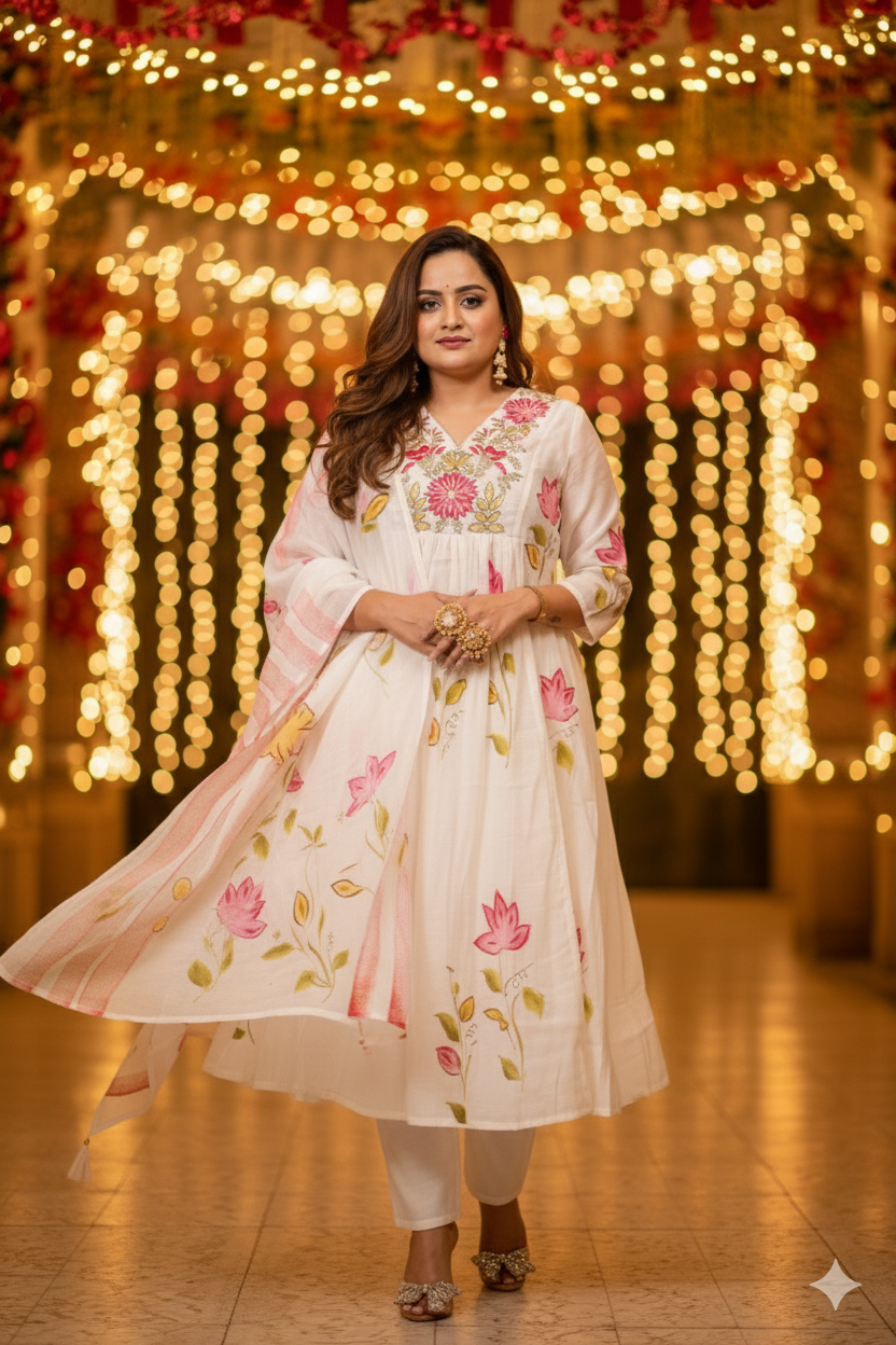 Pink - White A line Festive Kurta set