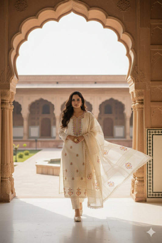 Pure Cotton White Floral Embroidered Suit Set
