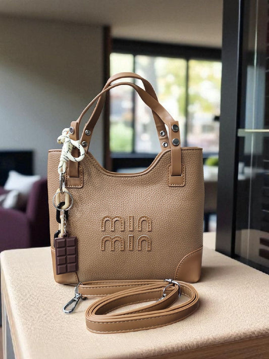 Classic Tan Faux-Leather Handbag with Charm