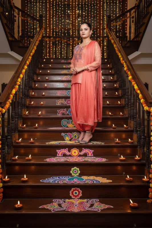 High-Low Kurta with Harem pants festive suit - Peach