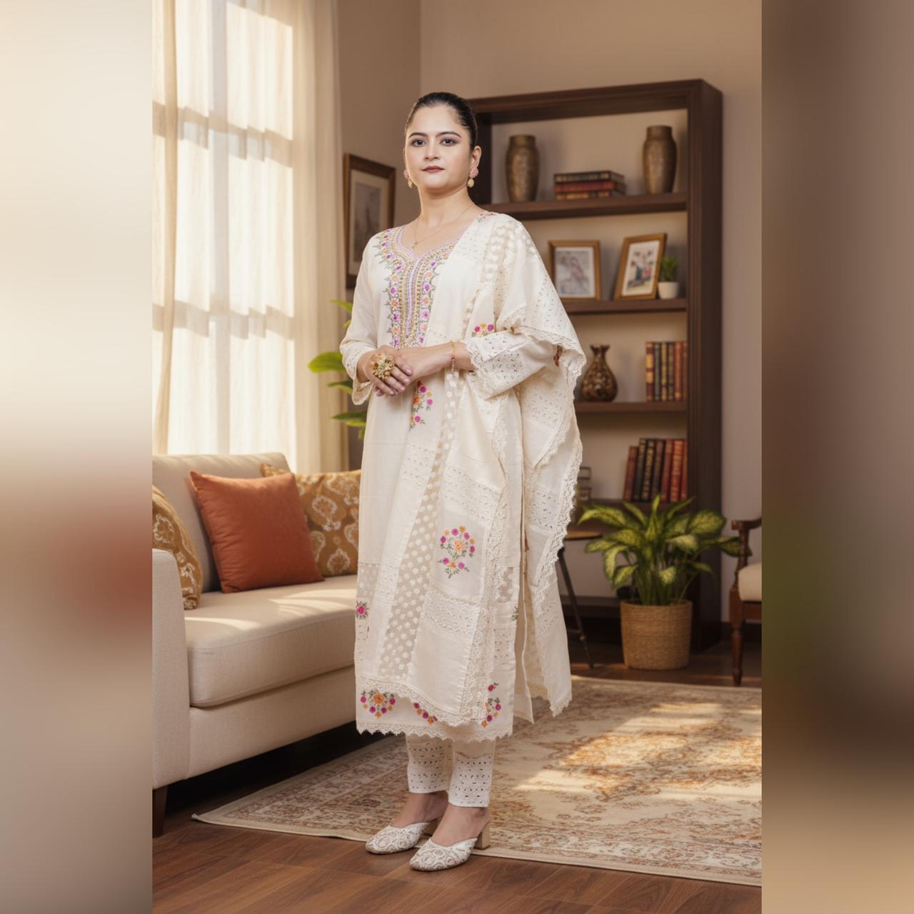 Pure Cotton White Floral Embroidered Suit Set