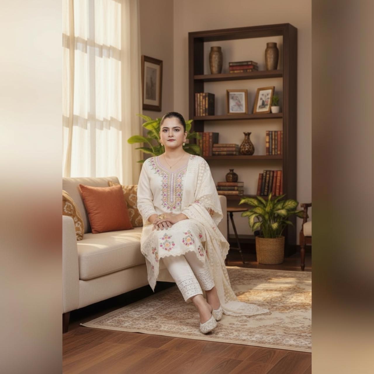 Pure Cotton White Floral Embroidered Suit Set