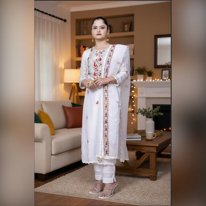 White Chanderi Silk Embroidered Suit with Organza Dupatta