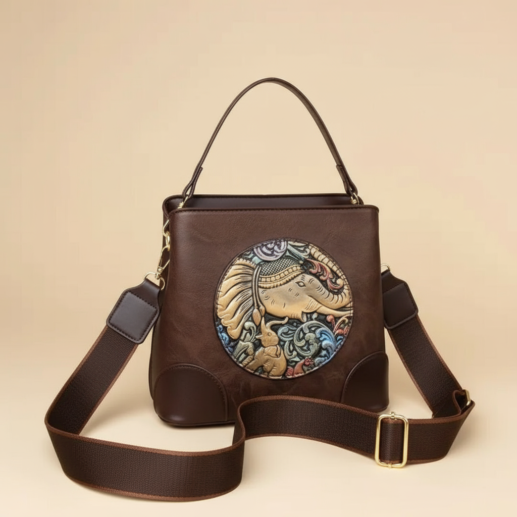 👜Brown Art Leather Purse with Embossed Elephant Motif