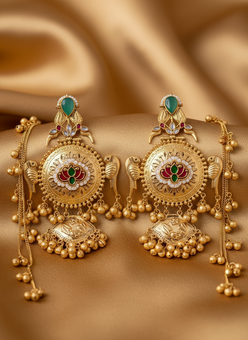 👑Grand Kashmiri Heritage Earring with Hair Chain – Royal Legacy Edition