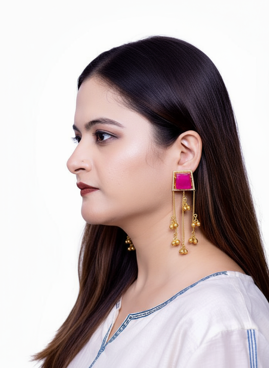 💖Kashmiri Short Earring with Ruby Pink Enamel & Ghungru Drops – The Regal Blush